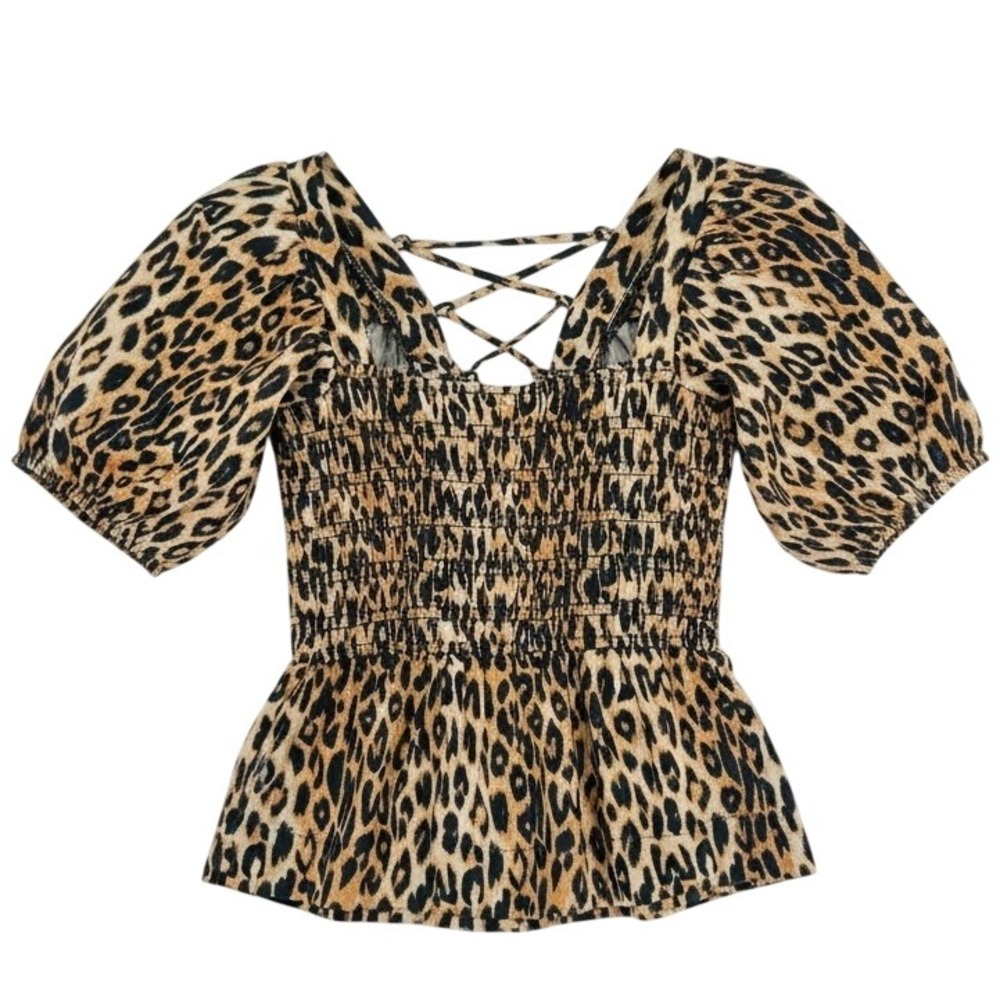 Damson Madder Lottie Leopard Smocked Puff Sleeve Corset Top 10 Viral NWT